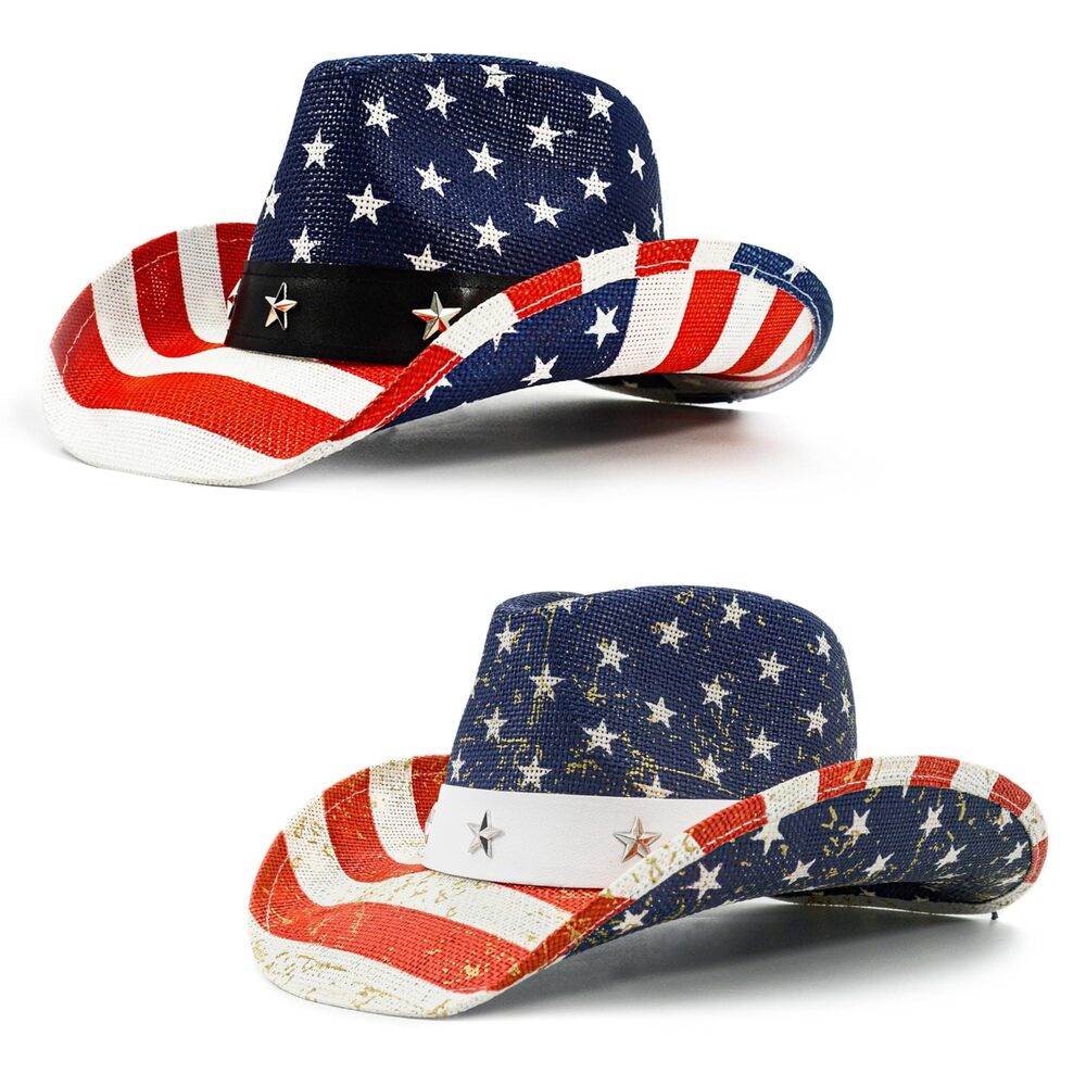 2037 2pcs American Flag Cowboy Cowgirl Hats – Unisex Patriotic USA Western